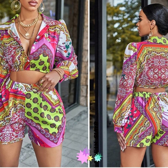 High Waist Patchwork Print Shorts Multi Color - Picture 8 of 16